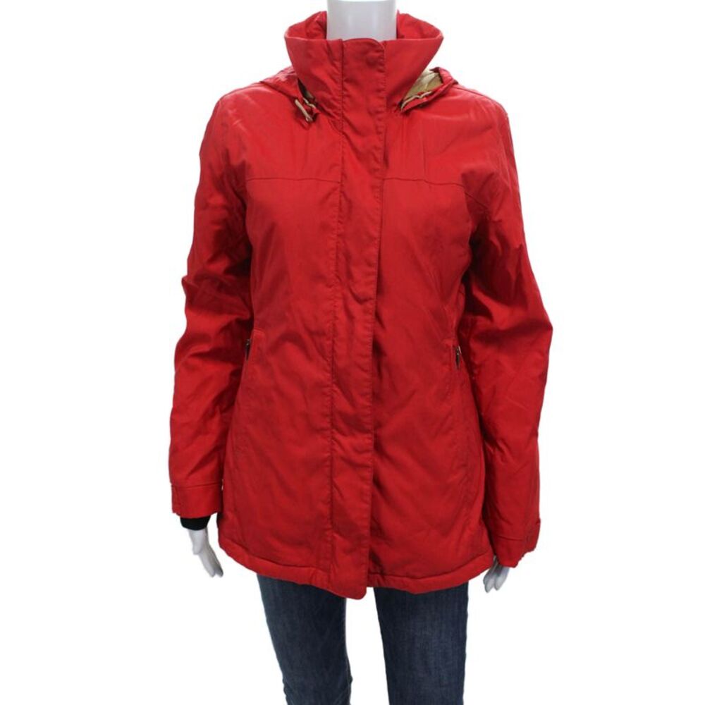 Post Card Womens Rain Coat Red Nylon Snap Long Sleeve Size 6